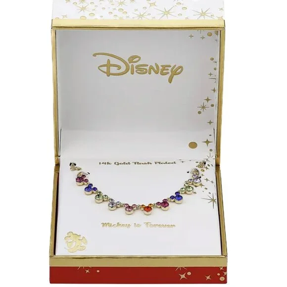 Disney Multi Color Rainbow Crystal Mickey Mouse Necklace 14K Gold Plated NWT - Picture 1 of 3